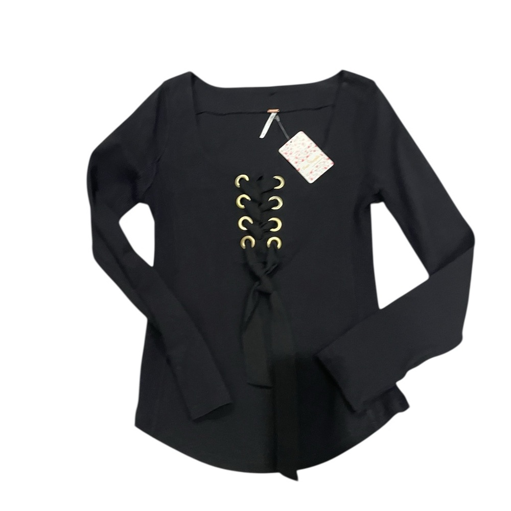 Free People Black Lace-Up Women's Top